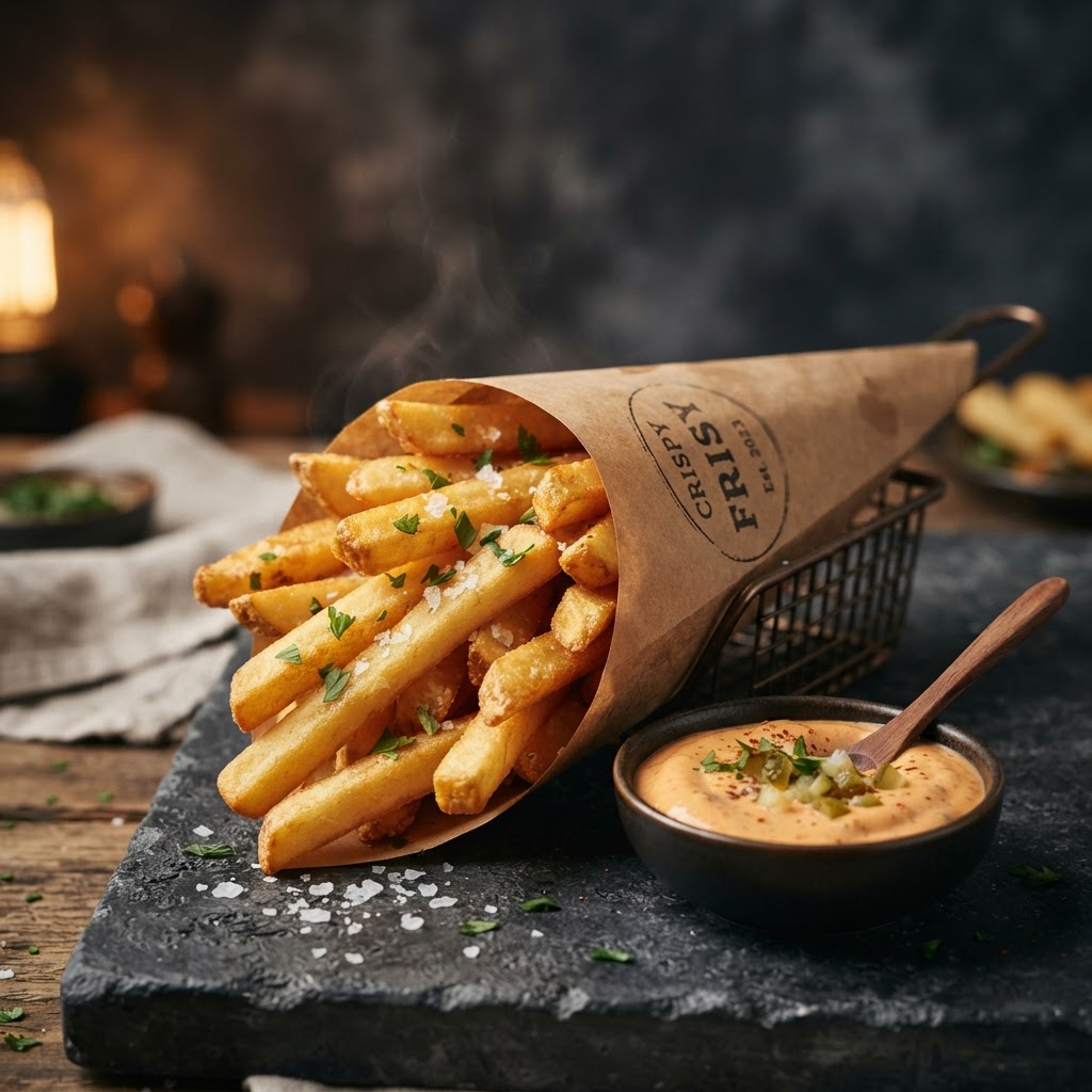 A cone of golden crispy french fries with dipping sauce